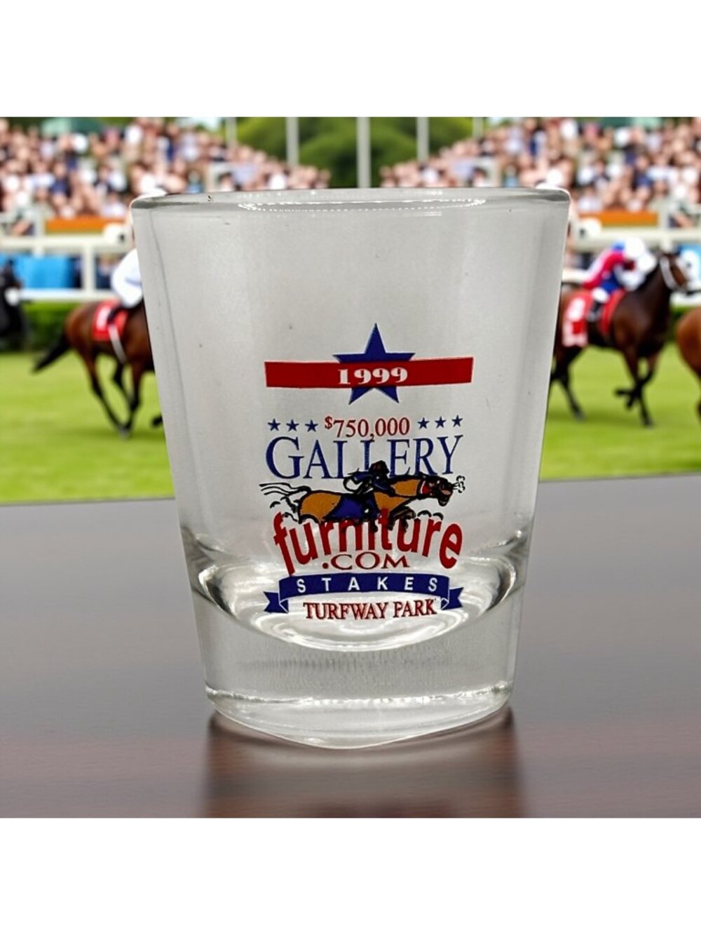 Rare Vintage 1999 Gallery Furniture Stakes Shot Glass Turfway Park Kentucky EUC